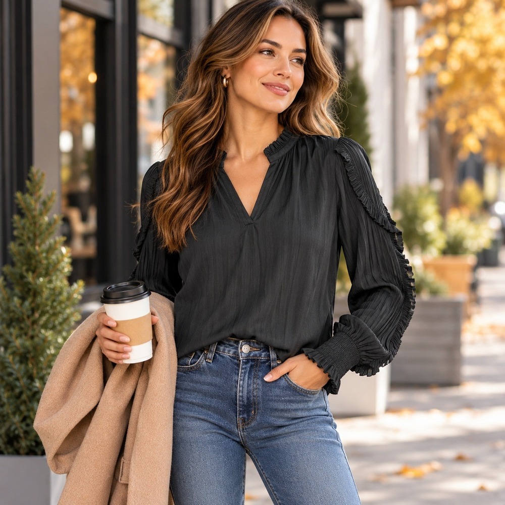 Evereve Blouse Women Size M Black Ruffle Pleated V-Neck Smocked Cuff Long Sleeve